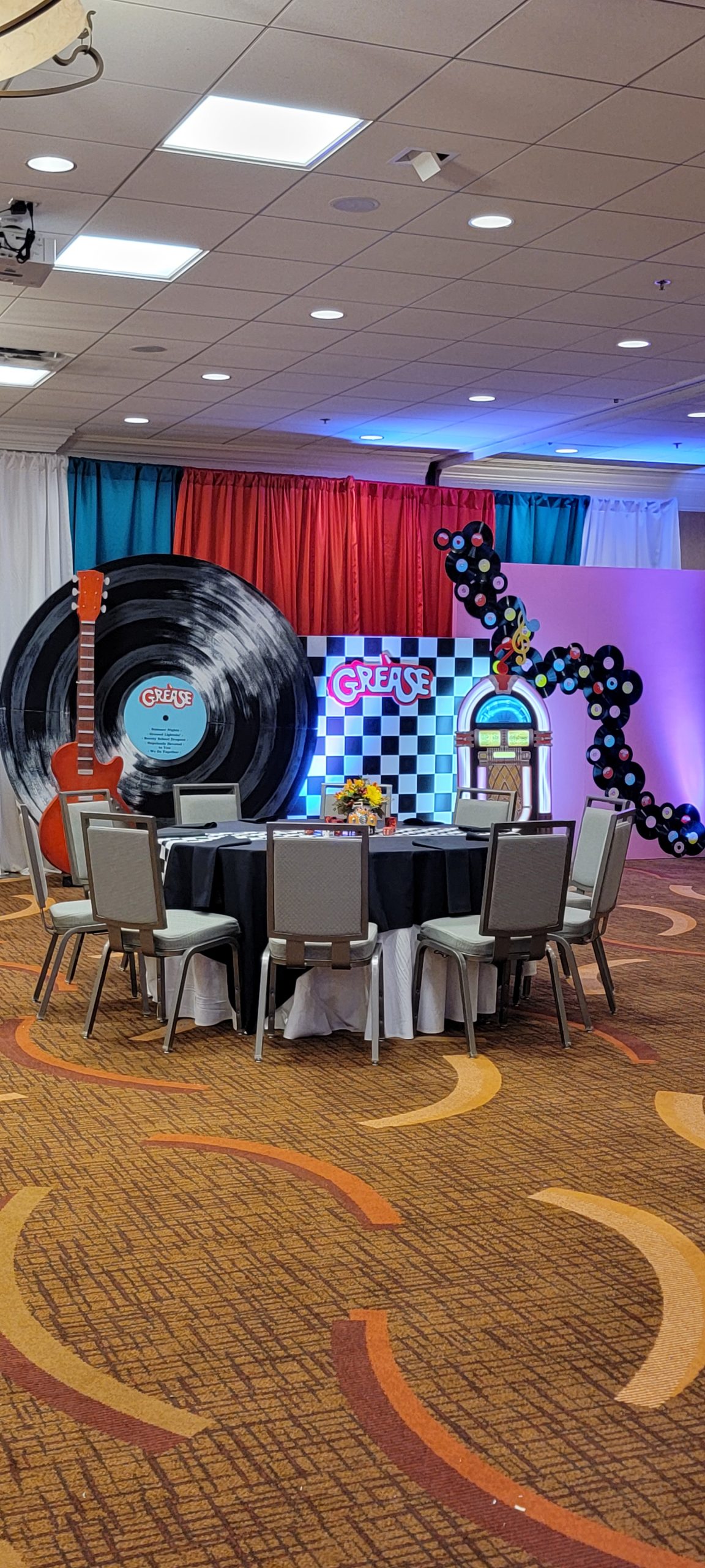 Rock and roll themed social event decor